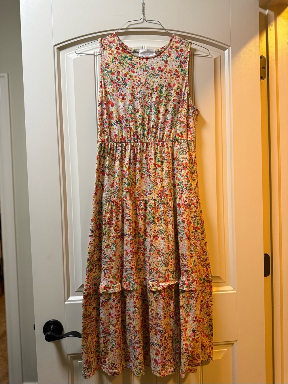 French Grey Cream Floral Tiered Midi Dress with Multicolor Speckle